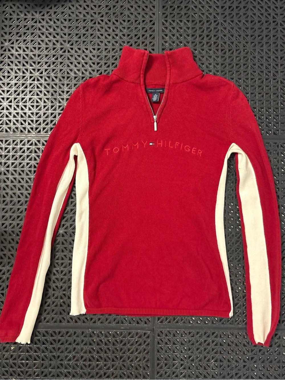 Tommy Hilfiger Red Quarter Zip Sweater With White Stripes on Sleeves